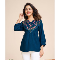 MOJILAA Women's Teal Pure Viscose Floral Embroidered A-line Top