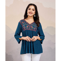MOJILAA Women's Teal Pure Viscose Floral Embroidered A-line Top