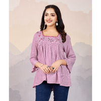 MOJILAA Women's Mauve Pure Viscose Floral Embroidered A-line Top