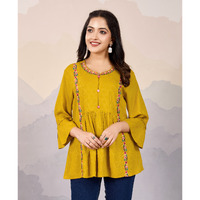 MOJILAA Women's Mustard Pure Viscose Floral Embroidered A-line Top