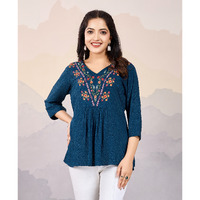 MOJILAA Women's Teal Pure Viscose Floral Embroidered A-line Top