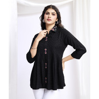 MOJILAA Women's Black Pure Viscose Floral Embroidered Shirt Style Top (Size: S, Color: Black)