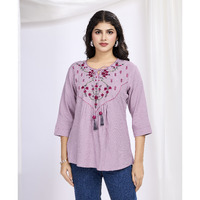 MOJILAA Women's Mauve Pure Viscose Floral Embroidered A-line Top
