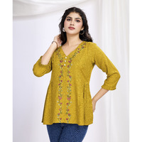 MOJILAA Women's Mustard Pure Viscose Floral Embroidered A-line Top