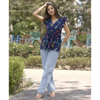 MOJILAA Women's Navy Blue Blend Rayon Floral & Leaf Printed Flared Top