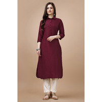 MOJILAA Women's Maroon Chinon Silk Solid Calf Length Straight Pathani Kurta