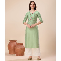MOJILAA Women's Light Green Viscose Floral Embroidered Straight Kurta