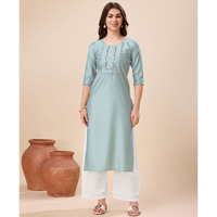 MOJILAA Women's Grey Viscose Floral Embroidered Straight Kurta (Size: S, Color: Grey)