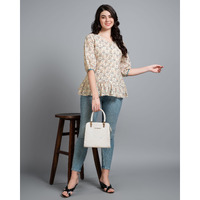 MOJILAA Women's Cream Pure Cotton Blend Geometric Bored Schiffli Embroidered Shirt Style Top