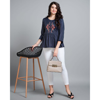 MOJILAA Women's Navy Blue Pure Viscose Rayon Floral Embroidered Peplum Top
