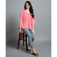 MOJILAA Women's Peach Pure Viscose Rayon Floral Embroidered A-line Top