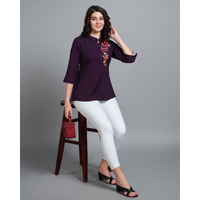 MOJILAA Women's Wine Pure Viscose Rayon Floral Embroidered A-line Top