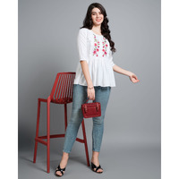 MOJILAA Women's White Pure Viscose Rayon Floral Embroidered Peplum Top