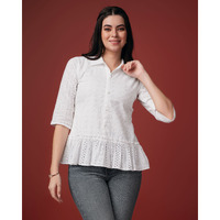 MOJILAA Women's White Pure Cotton Blend Bored Schiffli Embroidered Shirt Style Top