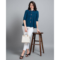 MOJILAA Women's Teal Pure Viscose Rayon Floral Embroidered Shirt Style Top