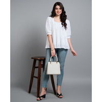 MOJILAA Women's White Pure Cotton Blend Bored Schiffli Embroidered Gathered or Pleated Top