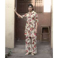 MOJILAA Women's Cream Khadi Cotton Printed Floral Printed Party Co-ord Set