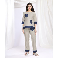 MOJILAA Women's Khaki Linen Silk Shibori Printed Causal Co-ord Set