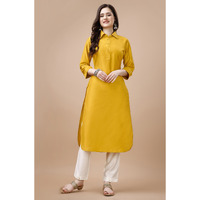 MOJILAA Women's Mustard Chinon Silk Solid Calf Length Straight Pathani Kurta