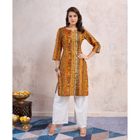 MOJILAA Women's Mustard Linen Silk Floral Printed Straight Kurta