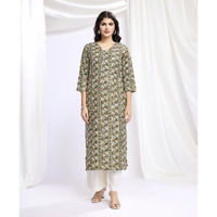 MOJILAA Women's Olive Green Linen Silk Geometric Printed Straight Kurta