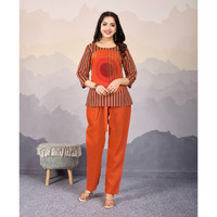 MOJILAA Women's Orange Linen Silk Stripes Printed Causal Co-ord Set