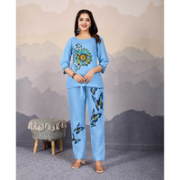 MOJILAA Women's Sky Blue Linen Silk Butterfly Printed Causal Co-ord Set