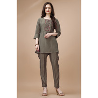 MOJILAA Women's Taupe Viscose Blend Floral Embroidered Festive & Party Co-ord Set