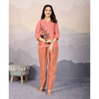 MOJILAA Women's Peach Linen Silk Leaf Printed Causal Co-ord Set