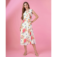 MOJILAA Women's Pink Georgette Floral Printed Wrap Dress With Front-Slit