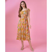 MOJILAA Women's Mustard Georgette Floral Printed Flared Dress With Ruffles