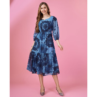 MOJILAA Women's Blue Georgette Floral Printed Tiered Dress (Size: S, Color: Blue)