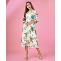 MOJILAA Women's Turquoise Blue Georgette Botanical Printed Flared Dress With Empire Style (Size: S, Color: Turquoise Blue)