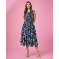 MOJILAA Women's Navy Blue Georgette Floral Printed Flared Dress With Belt