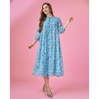 MOJILAA Women's Blue Georgette Floral Printed Gathered Dress With Ruffles (Size: S, Color: Blue)