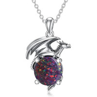 Natural Black Opal Dragon Necklace for Women/Men Sterling Silver Necklace with Birthstone Gift for Women/Men