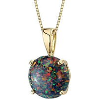14K Yellow Gold  Black Opal Pendant for Women, Classic Solitaire, Round Shape, 8mm, 1 Carat, October Birthstone Necklace, Fire Opal Necklace, Gifts for Birthday, Anniversary, Wedding
