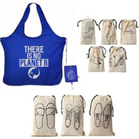IVILLAGE Reusable Travel Combo with 1 Foldable Microfiber Tote Bag(Blue), 5 Cotton Travel Pouches and 3 Shoe Cover For Travel, Home & Storage - Pack Of 9