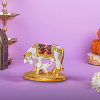 Kamdhenu Cow with Calf Idol for Home Decor - White - 3 Inches