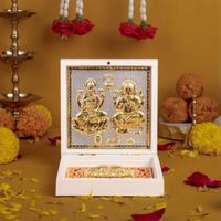 Gold Plated Laxmi Ganesh Pocket Temple Box for Pooja Room | Lakshmi-Ganesha Divine Pooja Boxes With Photo Frame & Charan Paduka | Diwali Gift & Home Decor - White - 4.5 Inches -Pack of 1
