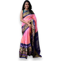 Pure Pochampally Ikkat Silk Pink With Navy Blue Saree