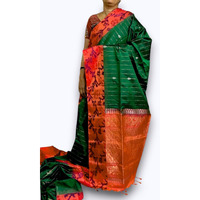 Pochampally Ikat Soft Silk Green Orange Saree