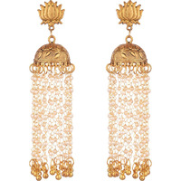 Prizetaa Golden And White Pearl Lotus With Long strand Traditional Dangler Alloy Jhumki Earring ()