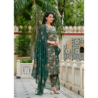 Green Floral Printed Kurta Set with Dupatta for Women (Size: L, Color: Black)