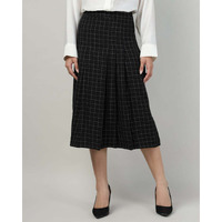 Black Pleated A-Line Calf-Length Skirt with Check Fabric