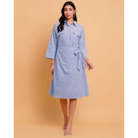Blue Stripe Wrap midi Dress with two front Pockets