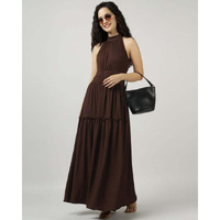 Brown Halter Neck Gathered Maxi Dress