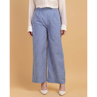 Wide-Leg Blue Gingham Trousers - Slip On