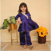 Girls Silk Blend Angrakha Kurta Set with Lace Detailing -Blue