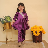 Girls Silk Blend Angrakha Kurta Set with Lace Detailing -Purple